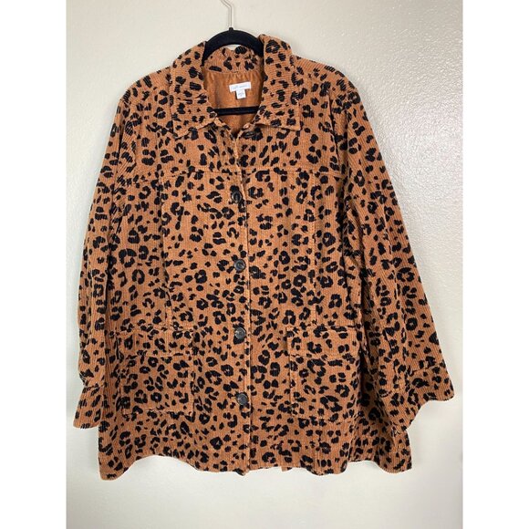 J. Jill Womens Corduroy Jacket Plus Size 2X Leopard Brown Shacket Chore Barn - Picture 1 of 15
